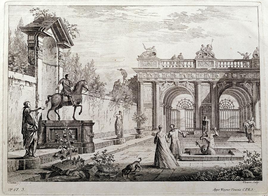 Perspectiva con figuras y arquitecturas clasicas, 1740, British School, Etch... Painting by Francois Vivares -1709-1780-