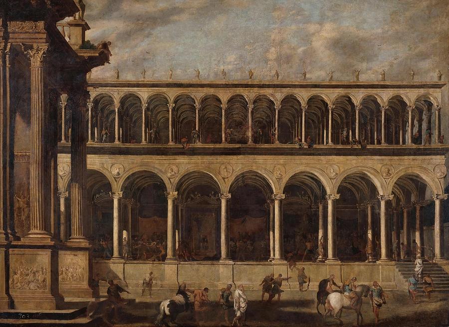 Perspective of a Gymnasium. Ca. 1638. Oil ... Painting by Domenico Gargiulo -1609-c 1675- Viviano Codazzi -c 1604-1670- Perspective of a Gymnasium. Ca. 1638. Oil ... Painting by Domenico Gargiulo -1609-c 1675- Viviano Codazzi -c 1604-1670-