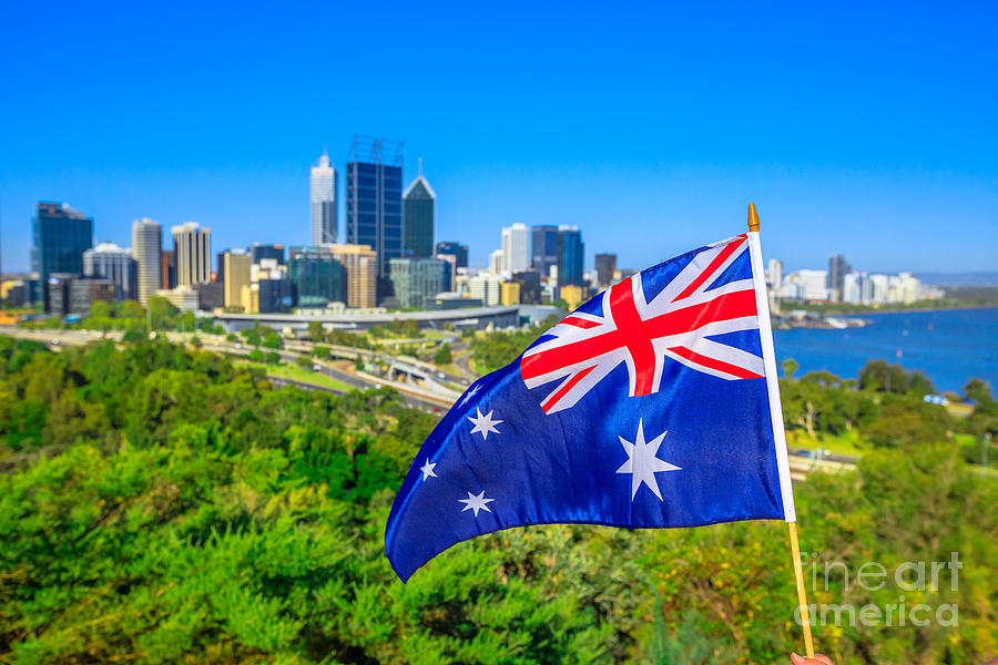 Perth skyline with Australian Flag Photograph by Benny Marty