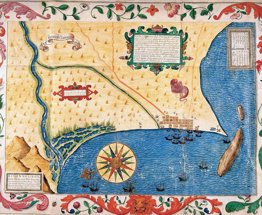 PERU. Port of El Callao, work of the cosmographer Lucas de Quiros, dated 1631. Drawing by Album