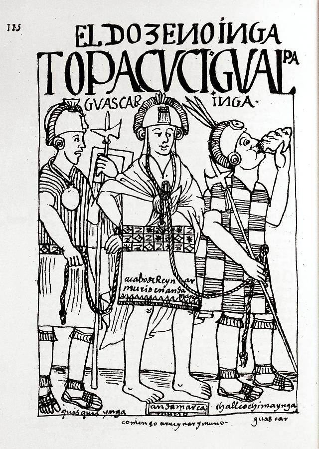 Atahualpa Drawing - Peruvian codex. Nueva Cronica y Buen Gobierno. Atahualpa dethroned. Madrid, National library. by Felipe Guaman Poma de Ayala -c 1535-c 1617-