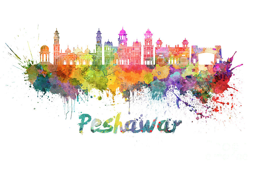Peshawar skyline in watercolor splatters Painting by Pablo Romero