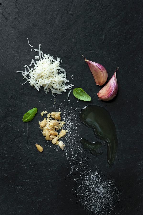 Pesto Ingredients; Basil, Grated Parmesan, Pine Nuts, Garlic, Olive Oil And Salt Photograph by Magdalena Hendey