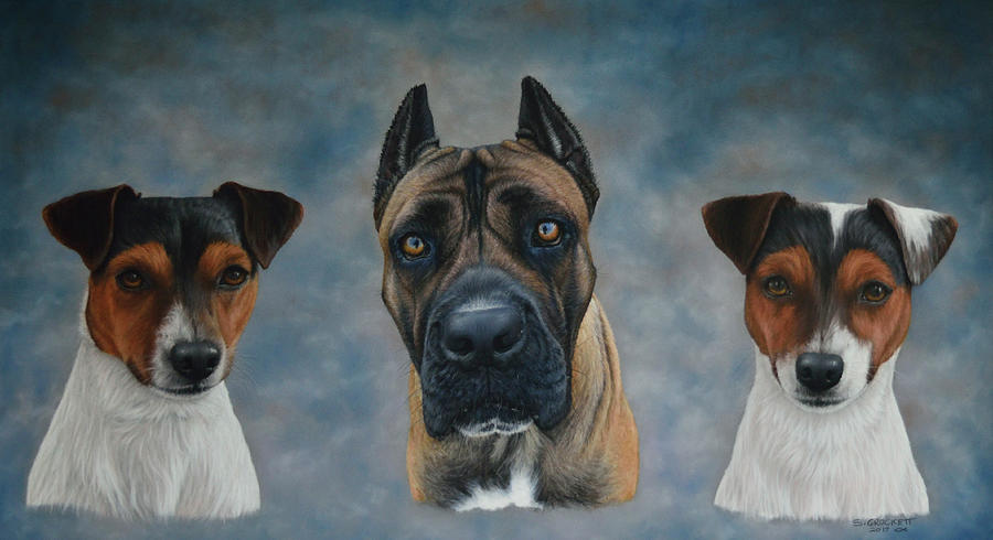 Portrait Painting - Pet Portrait Of A Cane Corso And Jack Russells by Steve Crockett