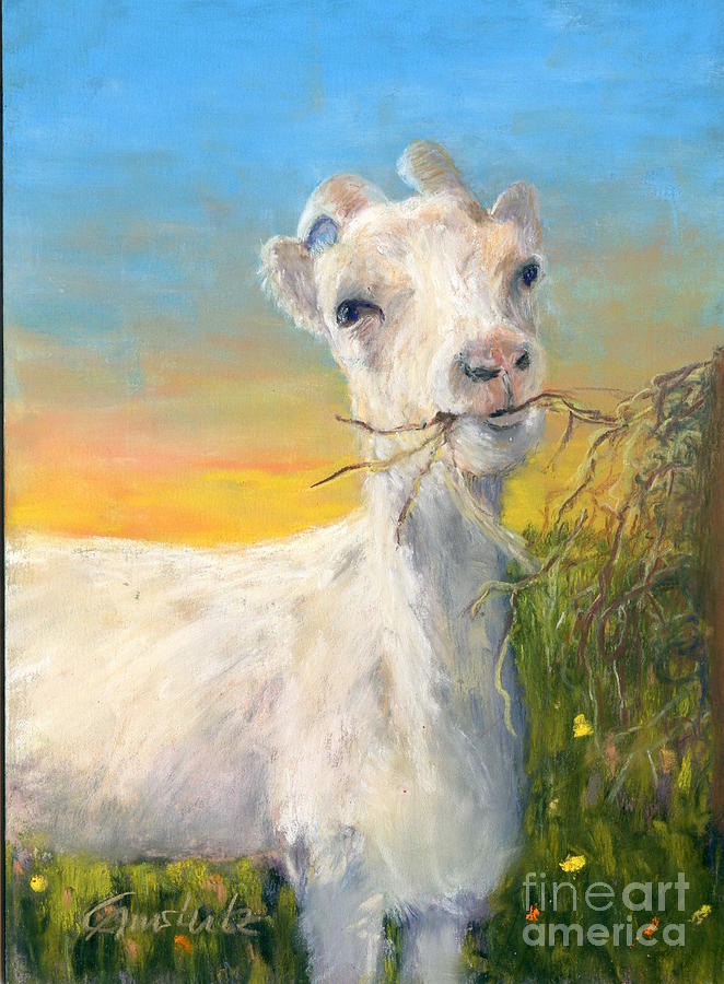 Peter Goat enjoying his hay Pastel by Christine Amstutz