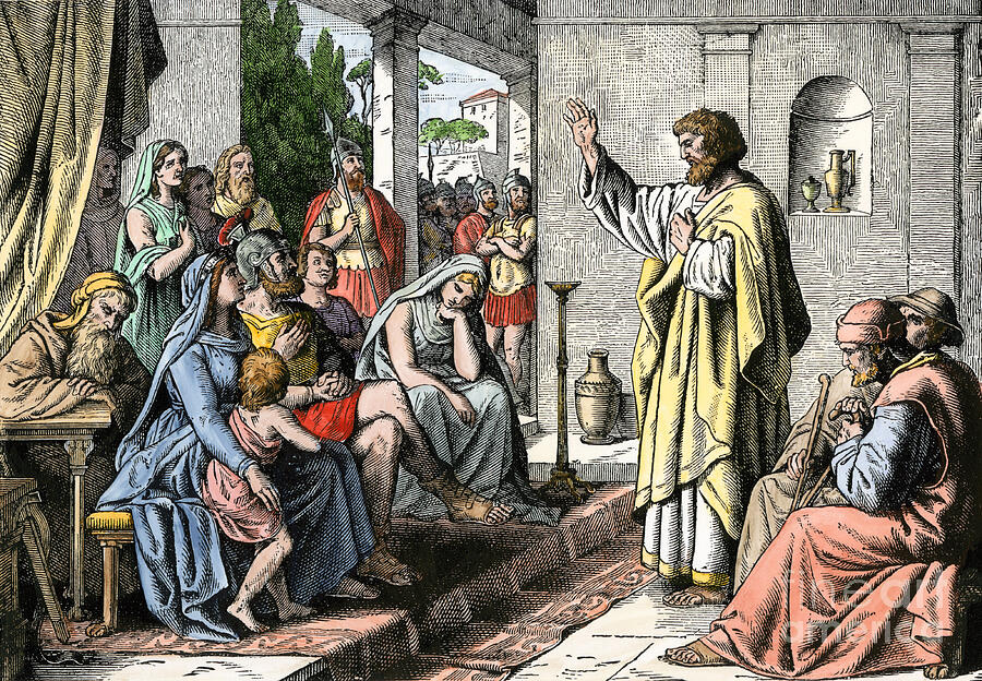 Peter Drawing - Peter The Apostle Preaching In The House Of Cornelius, A Roman Soldier Colour Engraving Of The 19th Century by American School