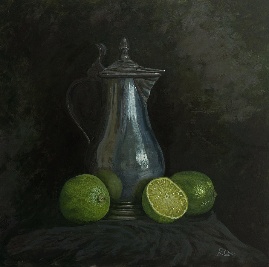 Pewter Painting - Pewter and Limes by Raymond Ore Pewter Painting - Pewter and Limes by Raymond Ore