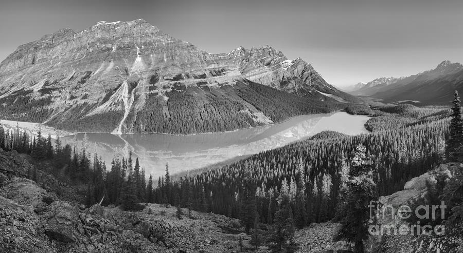 Peyto Lake Mid Morning Reflection Panorama Black And White Photograph by Adam Jewell
