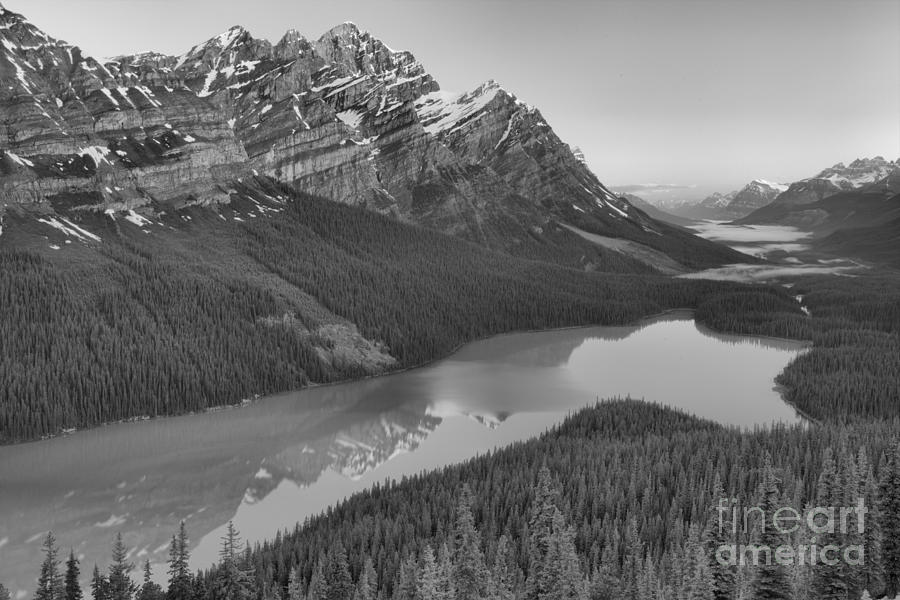 Peyto Lake Red Sunrise Peaks Black And White Photograph by Adam Jewell