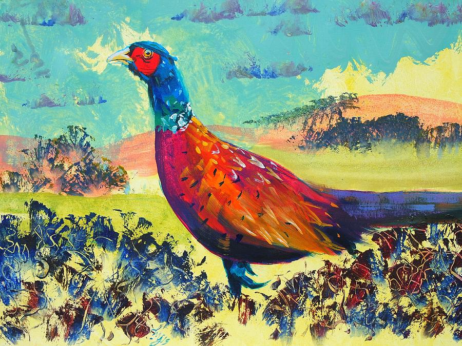 Pheasant walking in English countryside landscape painting Painting by Mike Jory