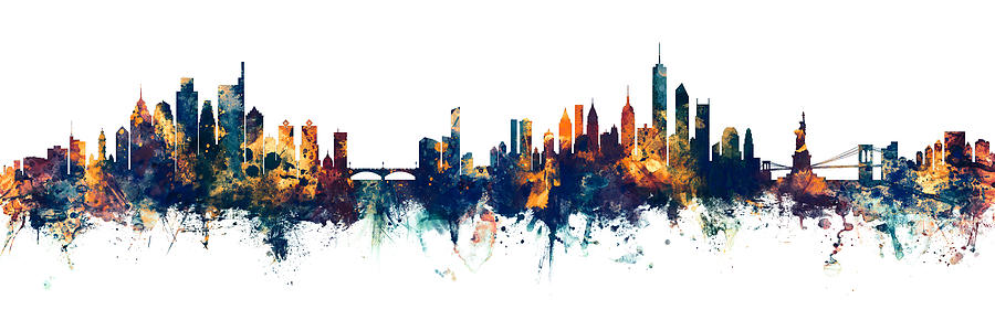 Philadelphia Digital Art - Philadelphia and New York City Skylines Mashup by Michael Tompsett