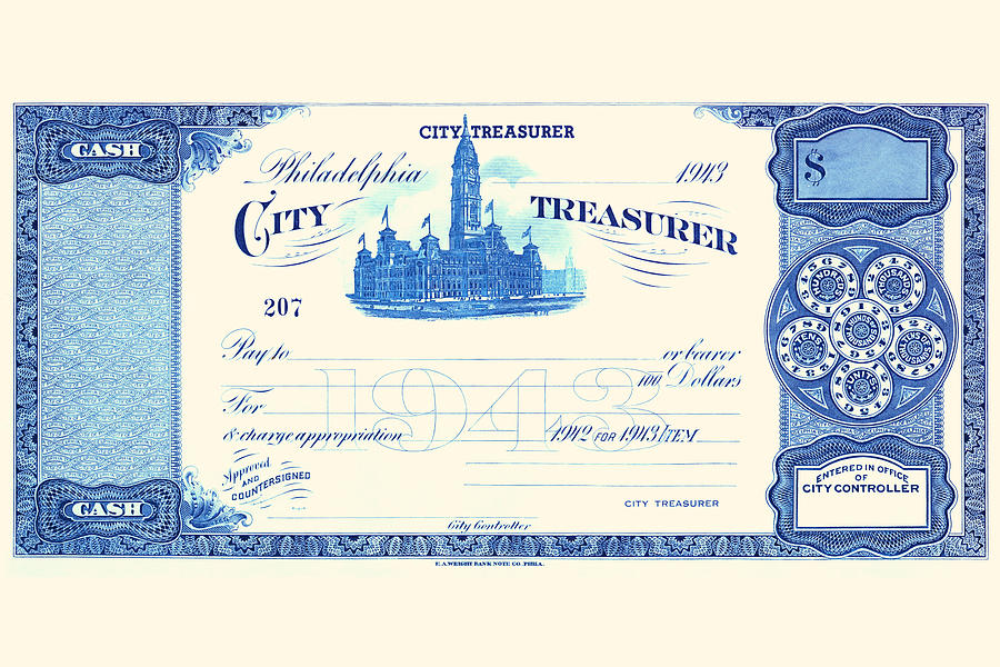 Philadelphia City Treasurer Cheque Painting by E.A. Wright Bank Note Company