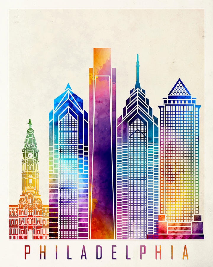 City Drawing - Philadelphia Landmarks Watercolor Poster by Domiciano Pablo Romero Franco