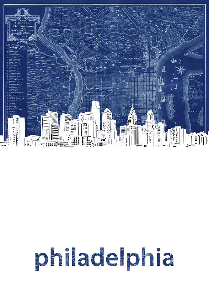 Philadelphia Skyline Map Blue Digital Art