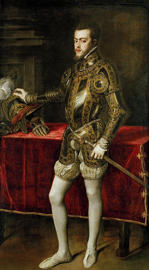 Philip II in Armour, 1551, Italian School, Oil on canvas, 193 cm... Painting by Titian -c 1485-1576-