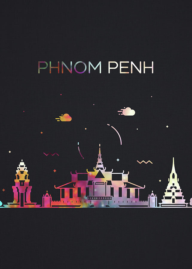 Phnom Penh Cambodia City Skyline Whimsical Fun Tall Dark Series Mixed ...