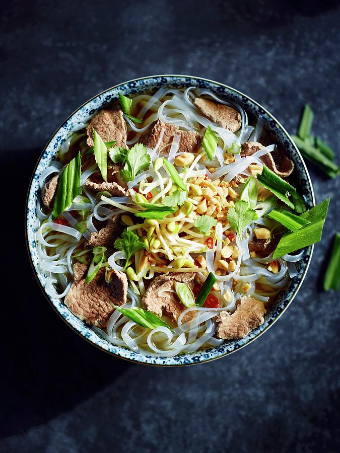 Pho Glass Noodles With Beef, Peanuts, Coriander, Chilli And Spring Onions vietnam Photograph by Thorsten Kleine Holthaus