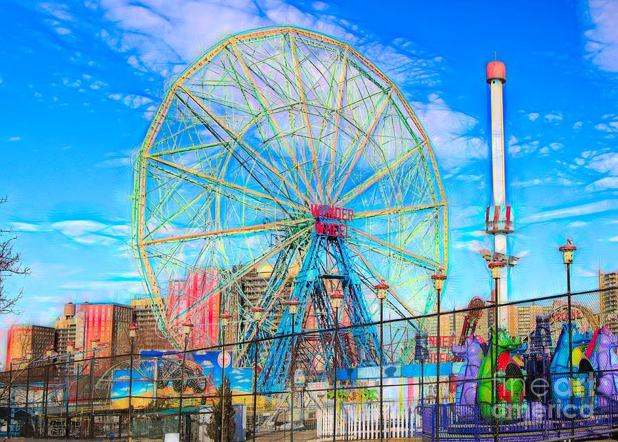 Ny Digital Art - Photo Art Coney Island Wonder Wheel NY  by Chuck Kuhn
