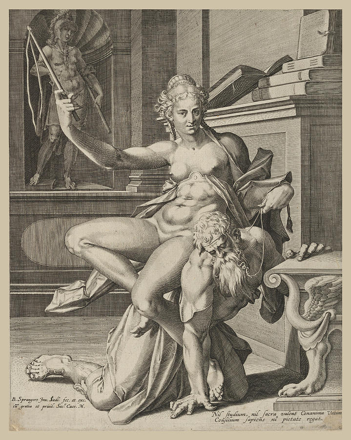 Phyllis and Aristotle Drawing by Johann Sadeler I