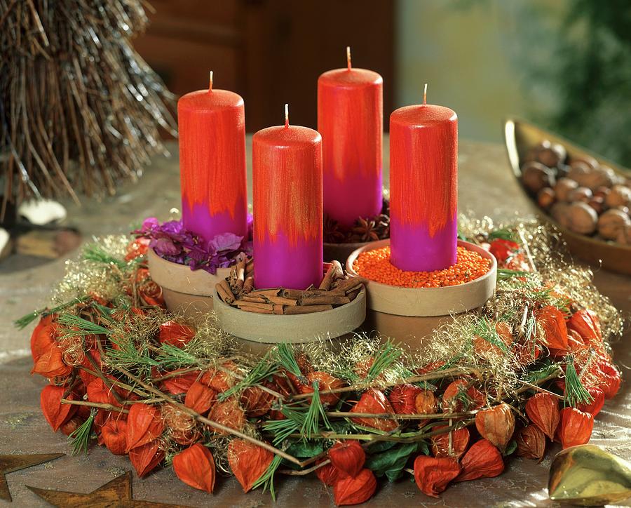Physalis Advent Wreath And Terracotta Pots With Spices Photograph by Friedrich Strauss
