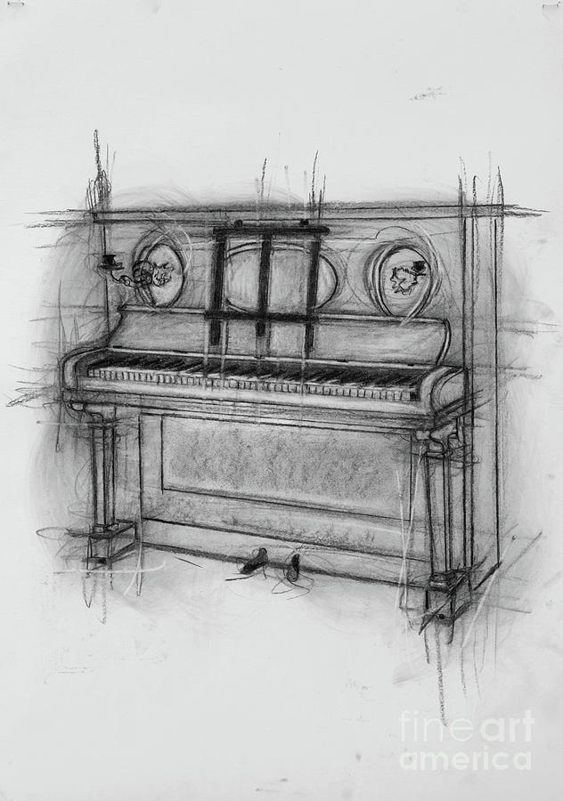 Piano Charcoal On Paper Painting by Penny Warden