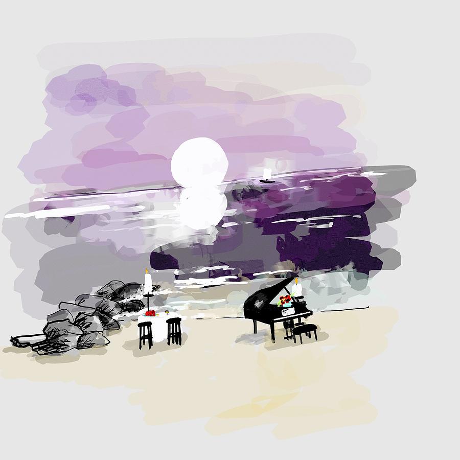 Piano on beach with moon nu Digital Art by Debbi Saccomanno Chan