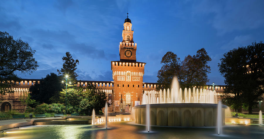 Piazza Castello Fountain, Torre Del Filarete, Milan, Lombardy, Italy Photograph by Rainer Mirau