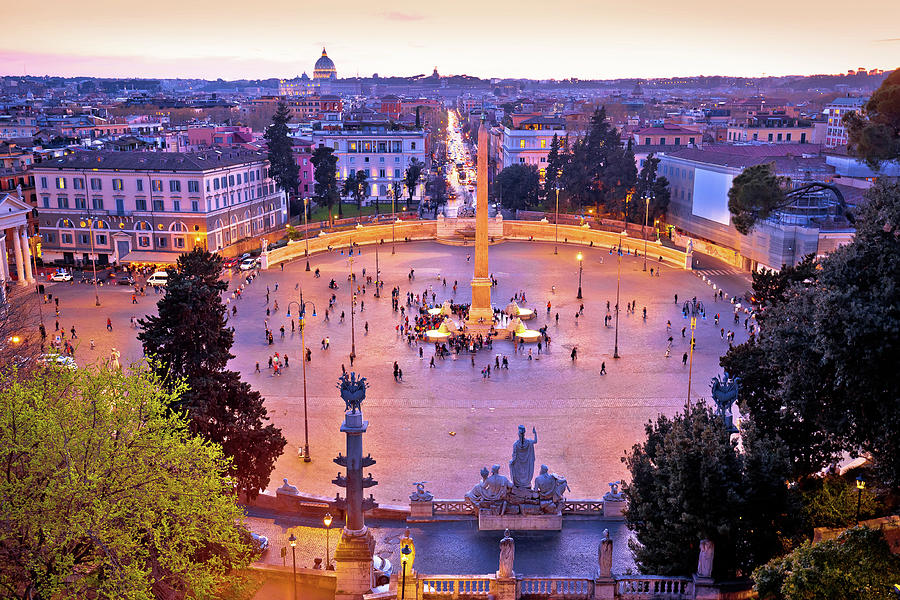 Piazza del Popolo or Peoples square in eternal city of Rome suns ...