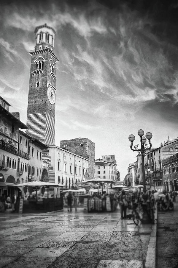 Architecture Photograph - Piazza Delle Erbe Verona Italy Black and White by Carol Japp