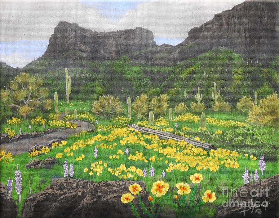 Picacho Peak Wildflowers Painting by Jerry Bokowski