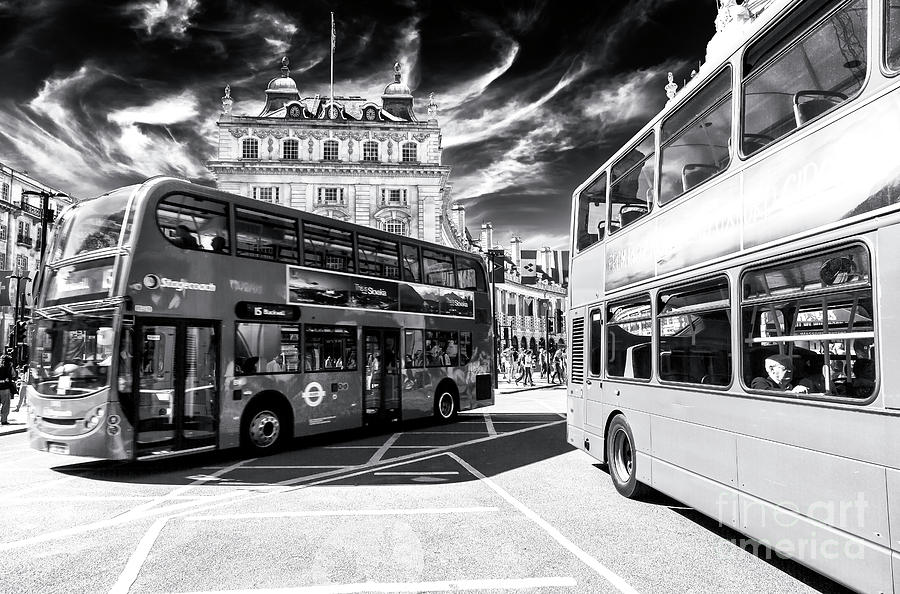 Transportation Photograph - Piccadilly Circus Buses in London by John Rizzuto