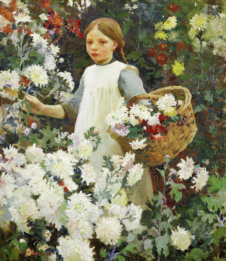 Picking Chrysanthemums Painting by Harold Harvey