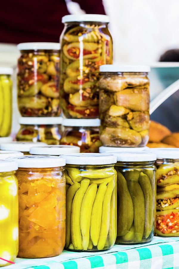 Pickle Vegetables In Glass Jars On A Market Stand In Beirut, Lebanon Photograph by Hein Van Tonder