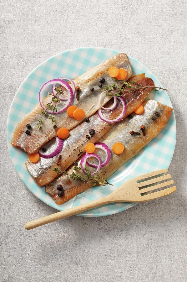 Pickled Herring Fillets With Spices, Onions And Carrots Photograph by Jean-christophe Riou