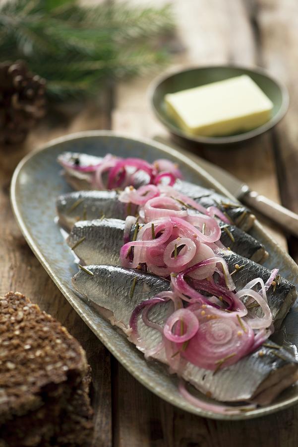 Pickled Herring With Red Onions, Butter And Wholemeal Bread Photograph by Martin Dyrlv