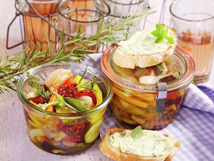 Pickled, Marinated Antipasti Vegetables In Preserving Jars To Take Away ...