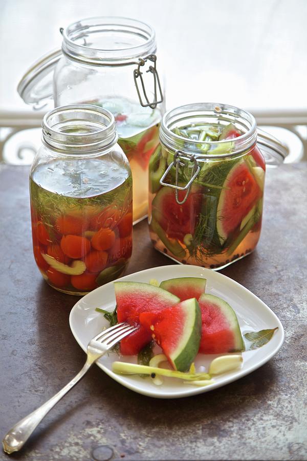 Pickled Vegetables From Russia watermelon, Cucumber, Celery, Tomatoes, Garlic, Dill Photograph by Andre Baranowski