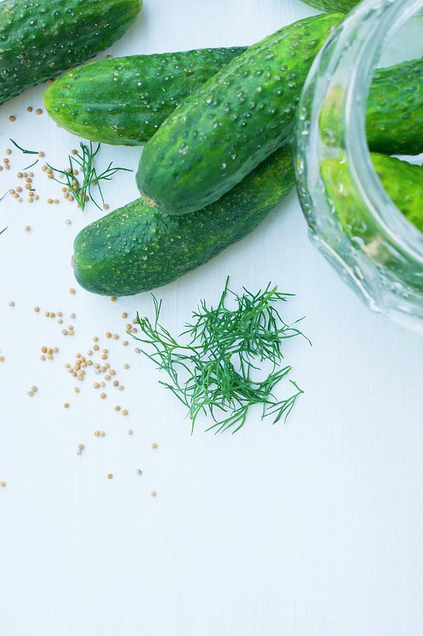 Pickling Cucumbers With Dill, Mustard Seeds And A Jar Photograph by Larissa Veronesi