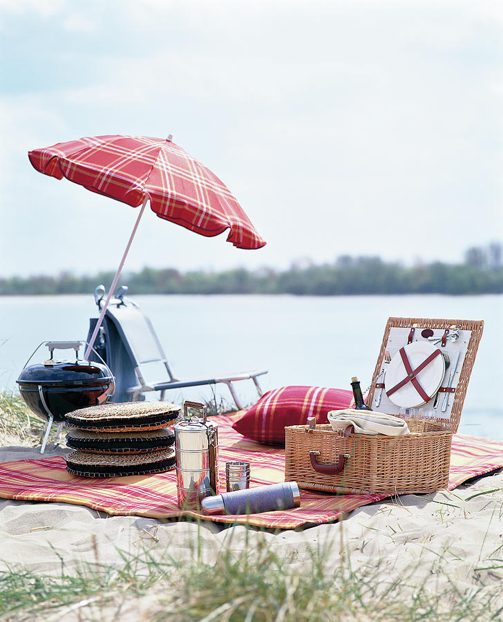 Picnic Accessories, Picnic Basket And Umbrella Laid On Picnic Blanket At  Lake by Jalag / Andr Reuter