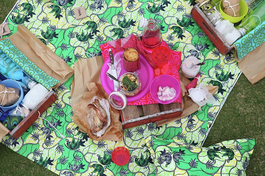 Picnic In Garden With Individually Packed Wooden Crates Used As Picnic Hampers Photograph by Great Stock!