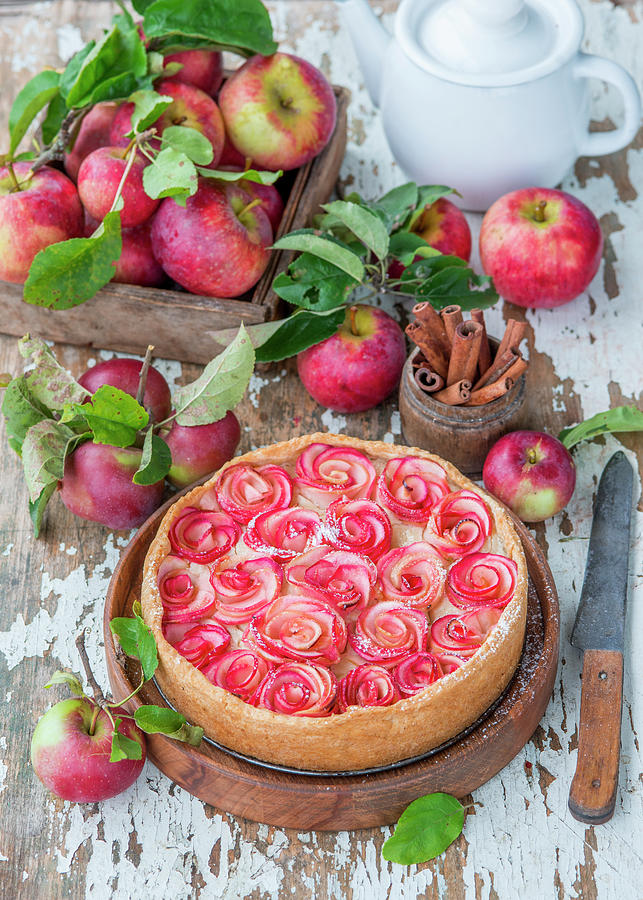 Pie With Baked Custard Cream And Apple Roses Photograph by Irina Meliukh