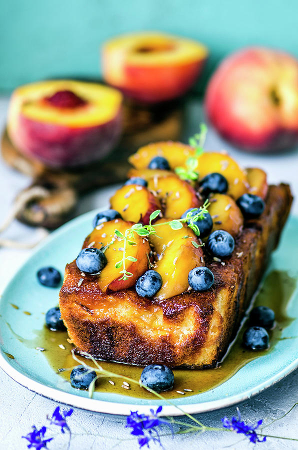??pie With Caramelized Peaches, Blueberries And Lavender Photograph by Gorobina