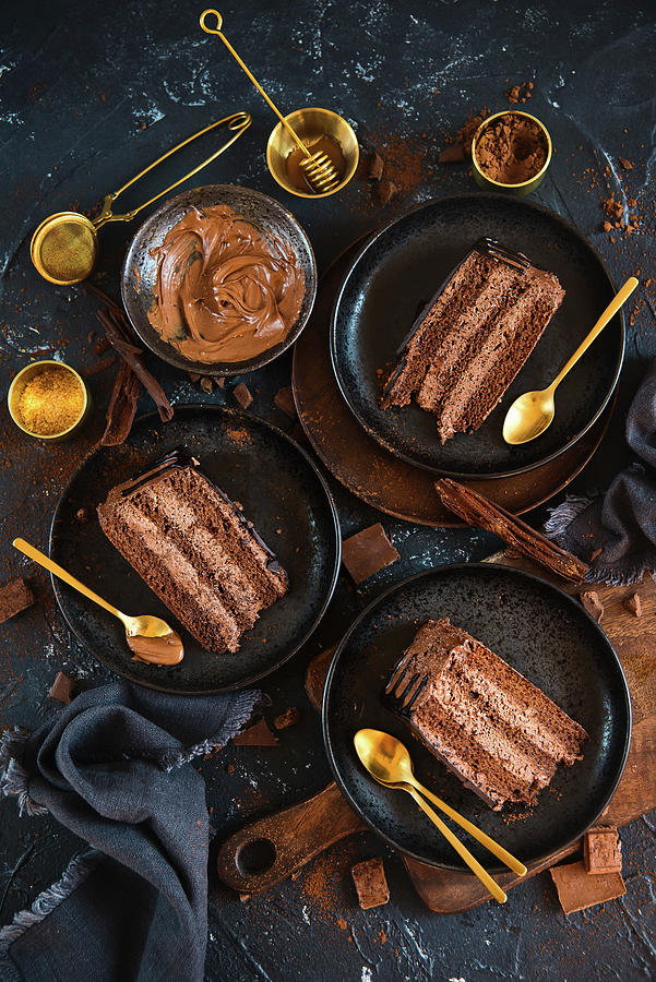 Pieces Of Chocolate Sponge Cake With Chocolate Cream Photograph by Karolina Polkowska