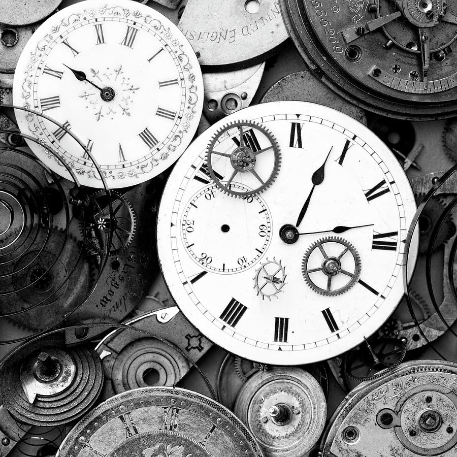 Still Life Photograph - Pieces Of Old Watch Bw by Tom Quartermaine
