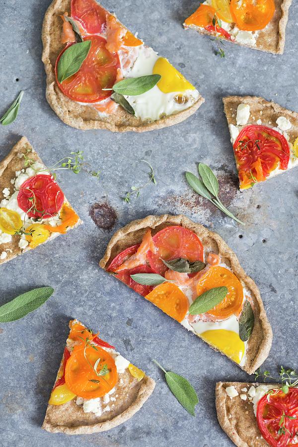 Pieces Of Wholemeal Pizza With Tomatoes, Egg And Sage Photograph by Malgorzata Laniak