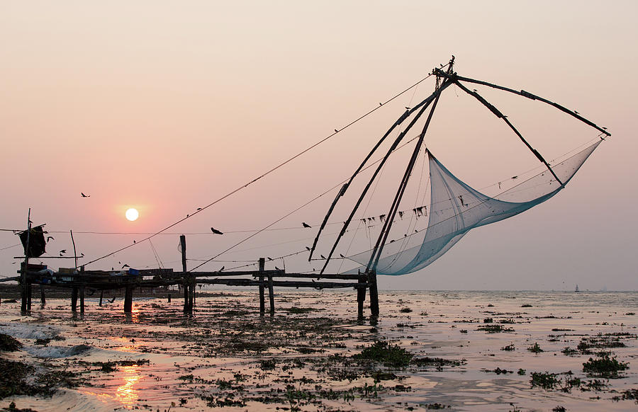 Pier And Fishing Nets On Beach At Sunset, Kochi, Kerala, India Digital Art  by Michael Truelove - Fine Art America