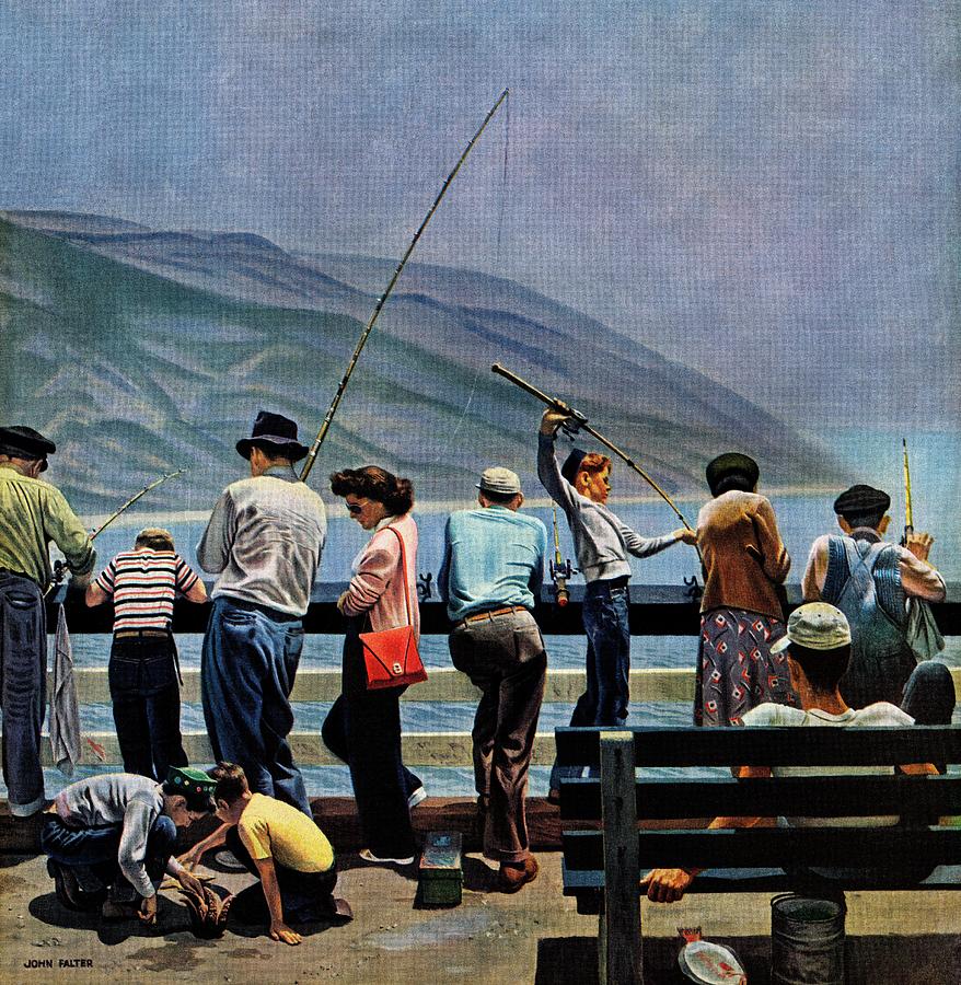 Pier Fishing Drawing by John Falter