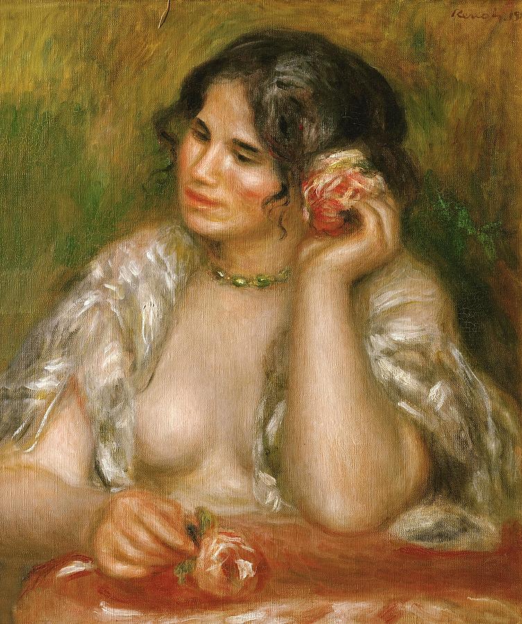 Pierre-Auguste Renoir / Gabrielle a la rose, Oil on canvas, 1911, 55 x 46 cm, R.F. 2491. Painting by Pierre Auguste Renoir -1841-1919-