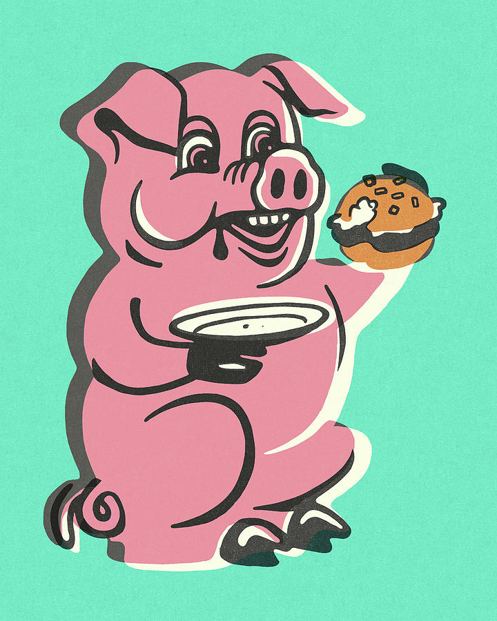 Vintage Drawing - Pig Eating a Sandwich by CSA Images