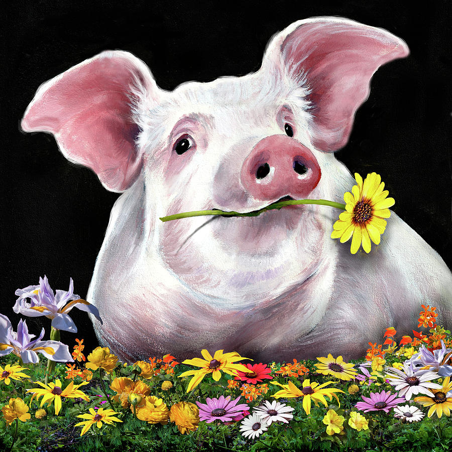 Flower Mixed Media - Pig with Flowers by Anthony Enyedy